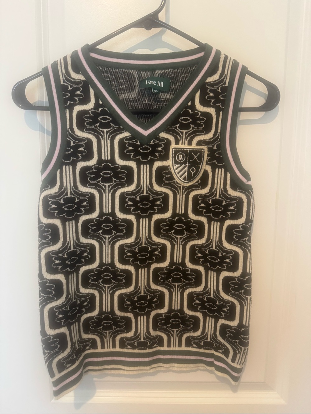 Fore All Black & Cream Floral Knit Vest with Pink Trim